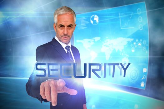 The word security and businessman pointing against futuristic technology interface