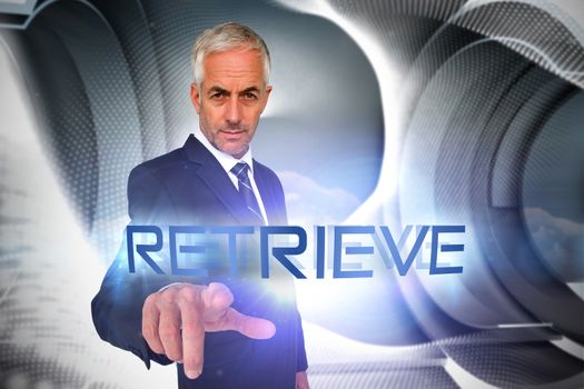 The word retrieve and businessman pointing against abstract pattern in grey