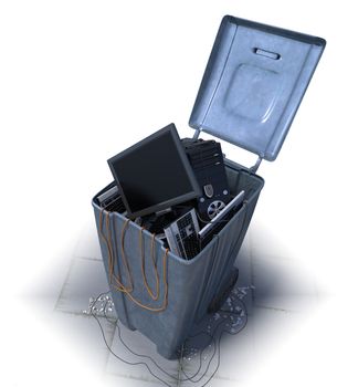 computers in a trash bin on a white background