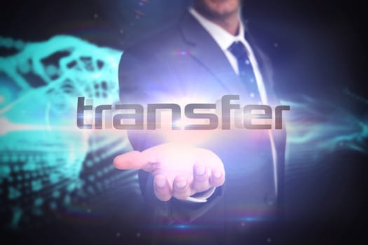 The word transfer and businessman presenting against abstract blue glowing black background