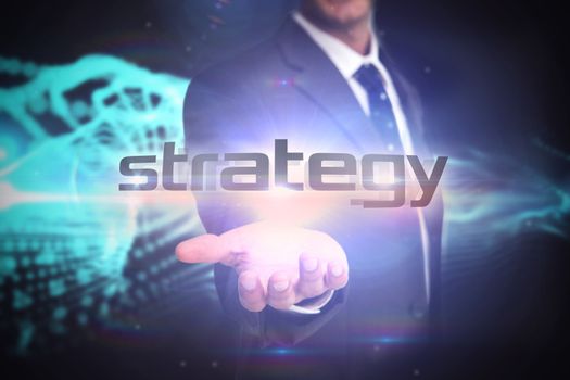 The word strategy and businessman presenting against abstract blue glowing black background