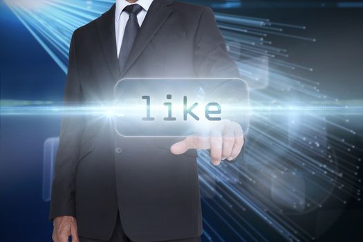 The word like and businessman pointing against abstract technology background