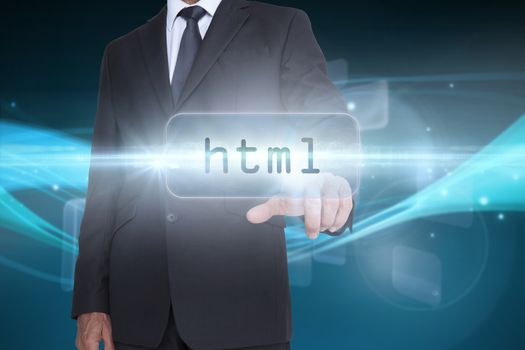 The word html and businessman pointing against abstract glowing black background