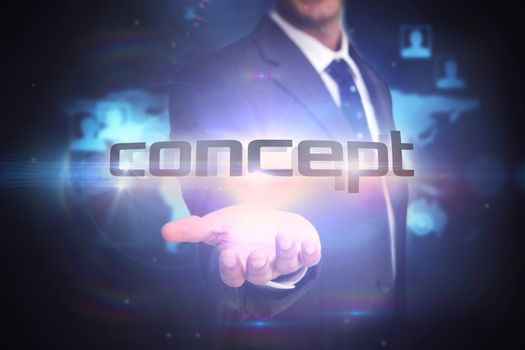 The word concept and businessman presenting against futuristic technology interface