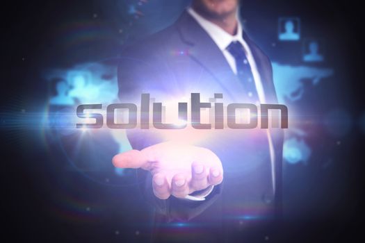 The word solution and businessman presenting against futuristic technology interface