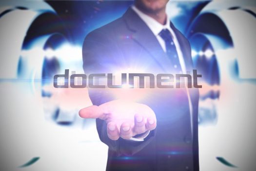 The word document and businessman presenting against abstract cloud design in futuristic structure