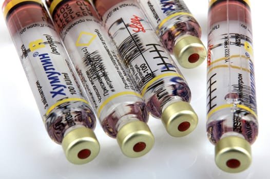 AYTOS, BULGARIA - MARCH 14, 2014: Insulin is a peptide hormone, produced by beta cells in the pancreas, and is central to regulating carbohydrate and fat metabolism in the body.