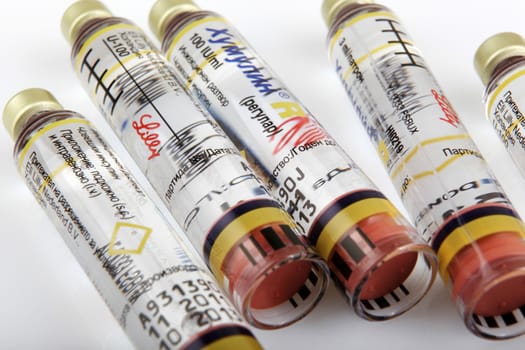 AYTOS, BULGARIA - MARCH 14, 2014: Insulin is a peptide hormone, produced by beta cells in the pancreas, and is central to regulating carbohydrate and fat metabolism in the body.