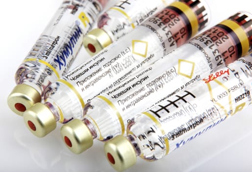 AYTOS, BULGARIA - MARCH 14, 2014: Insulin is a peptide hormone, produced by beta cells in the pancreas, and is central to regulating carbohydrate and fat metabolism in the body.