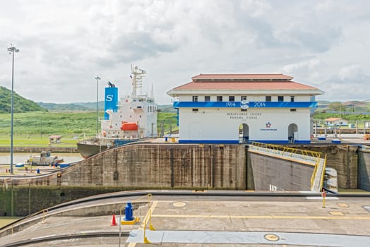 Panama City, Panama - January 2, 2014: 100 years celebration of  Panama Canal. Miraflores locks on a sunny day in January 2014.