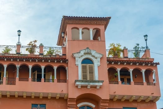 Detail of a colonial house. balcony with flowers and plants, Casco Viejo, Panama City, Panama 