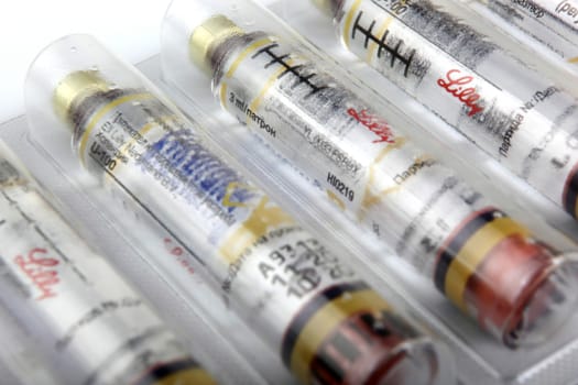 AYTOS, BULGARIA - MARCH 14, 2014: Insulin is a peptide hormone, produced by beta cells in the pancreas, and is central to regulating carbohydrate and fat metabolism in the body.