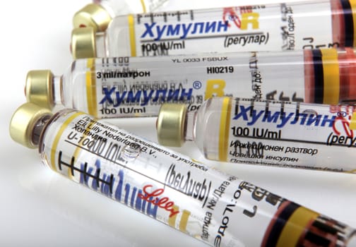 AYTOS, BULGARIA - MARCH 14, 2014: Insulin is a peptide hormone, produced by beta cells in the pancreas, and is central to regulating carbohydrate and fat metabolism in the body.