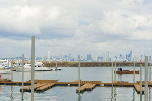 Panam City skyscrapers skyline on sunny day in January 2,  2014. View from marina on Flamenco Island.