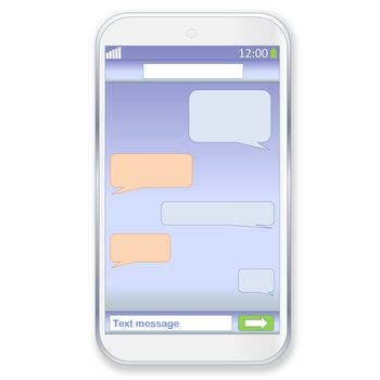 Mobile touch phone with sms chat on the screen in white background