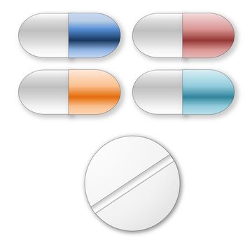 Standard tablets and pills set in white background