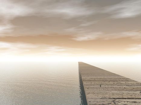 Old wooden pontoon leading to the horizon upon water by brown day