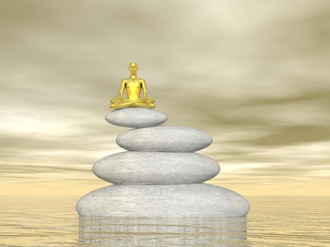 Small golden man meditating upon white stones in balance into water by sunset