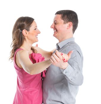 Portrait of happy couple. Attractive man and woman being playful. Isolated on white background.