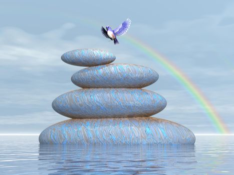 Beautiful blue bird flying upon stones in water under rainbow by clear day