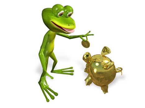 illustration merry green frog with piggy bank