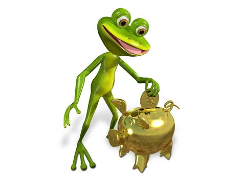 illustration merry green frog with piggy bank