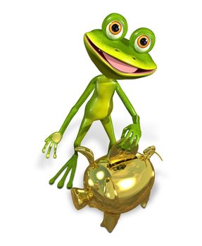 illustration merry green frog with piggy bank