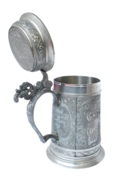 Antique German pewter beer stein with engraving.