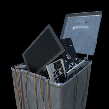 computers in a trash bin on a white background