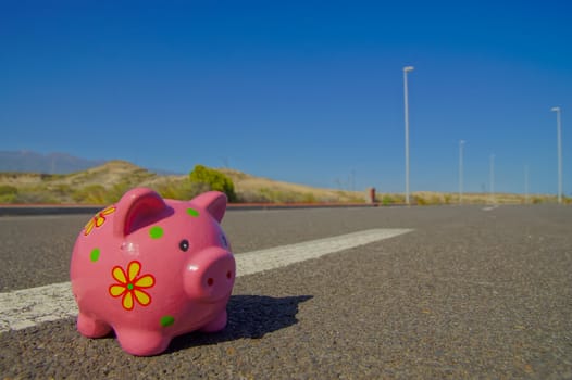 Pink Piggy Bank on the Asphalt Street