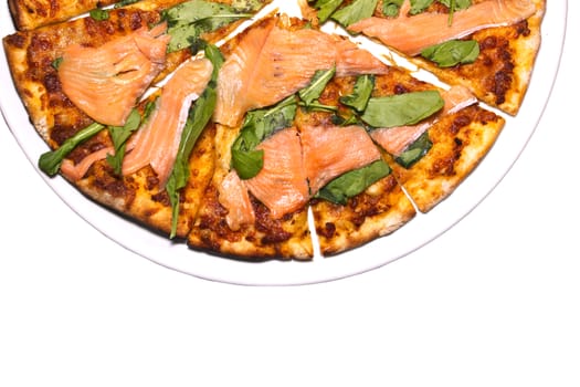 Pizza with Salmon Slice on white background, Clipping path