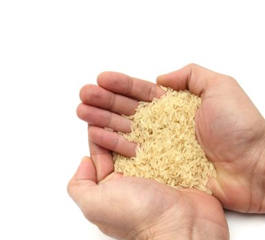 closeup of two hands offering rice