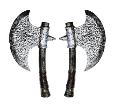 two old style toy axes over white background