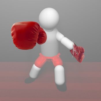 Red gloved puppet boxer in the mist, 3d render