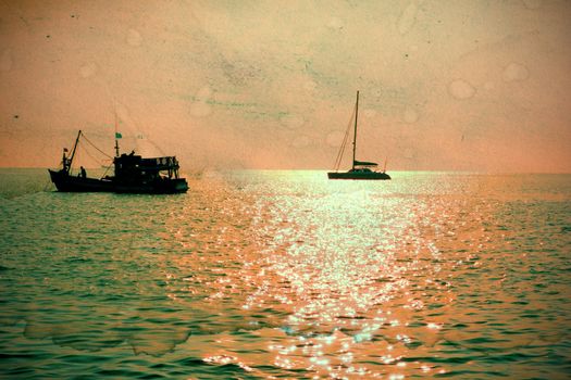 Fisherman boat at sunset, retro style