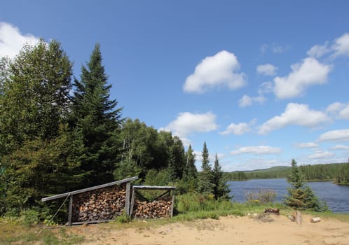 landscape of a wild ground and lake with a stack of firewood