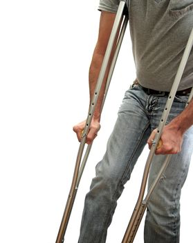 closeup of a man walking with crutches