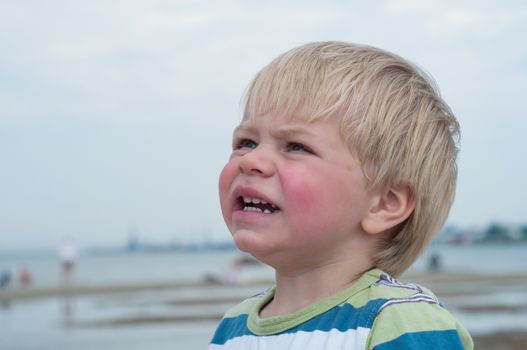 Little boy in striped t-hirt on the beach
