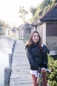 A portrait of beautiful asian woman on hot spring