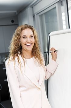 Smiling businesswoman writing on flip chart paper in office