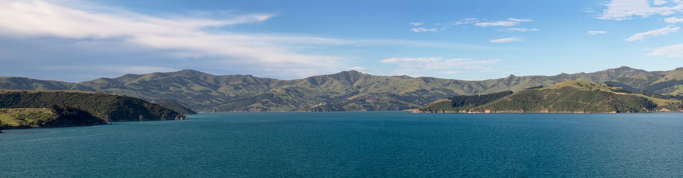 Panoramic view of the coastline around Akaroa harbour near Christchurch on South Island of New Zealand