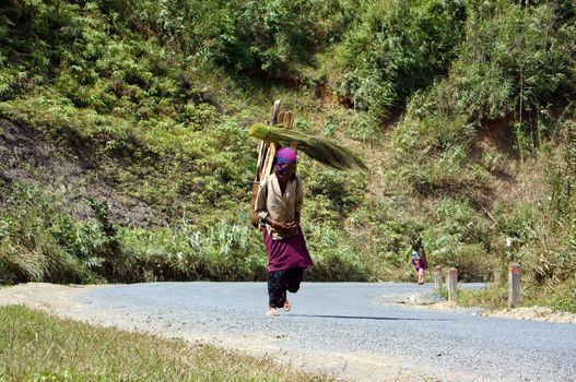  DAKLAK, VIET NAM- JANUARY 1: The ethnic people carrying firewood basket on back, walking on the road at countryside, Daklak, January 1, 2013      