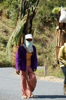  DAKLAK, VIET NAM- JANUARY 1: The ethnic people carrying firewood basket on back, walking on the road at countryside, Daklak, January 1, 2013      