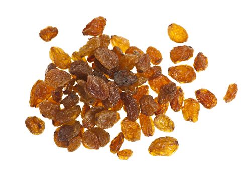 Heap of yellow sultana raisins isolated on white background