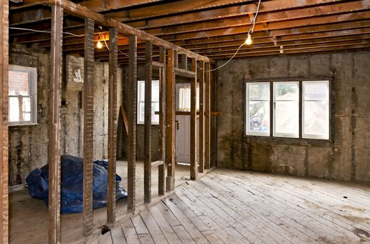 Interior of a house under gut renovation at construction site