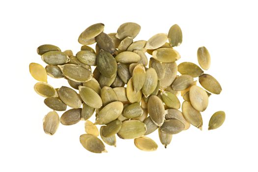 Heap of raw pumpkin seeds isolated on white background