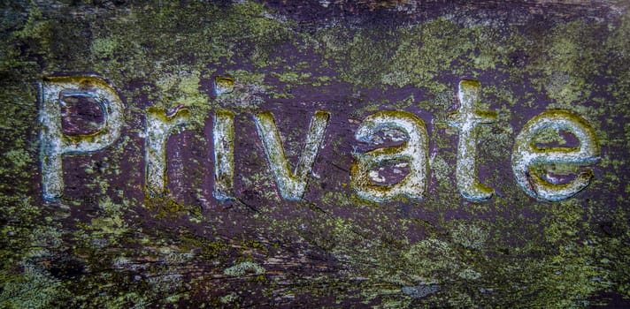 Grungy Wooden Private Sign With White Text And Lichen