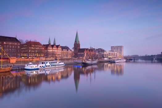Bremen city by river at sunset, Germany