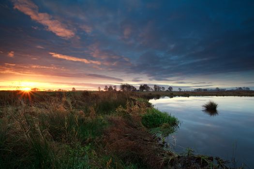 beautiful sunrise over river, Onlanden, Drenthe, Netherlands