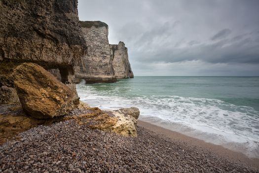 Atlantic ocean coast in France during clouded day